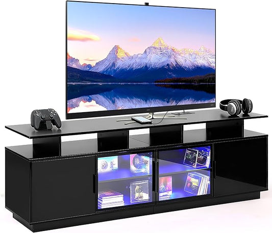 70 Inch Black TV Stand with LED Lights Power Strips and USB Charging Station for Mobile Phones Transparent Glass Door Storage Cabinet Entertainment Center with Large Storage Space