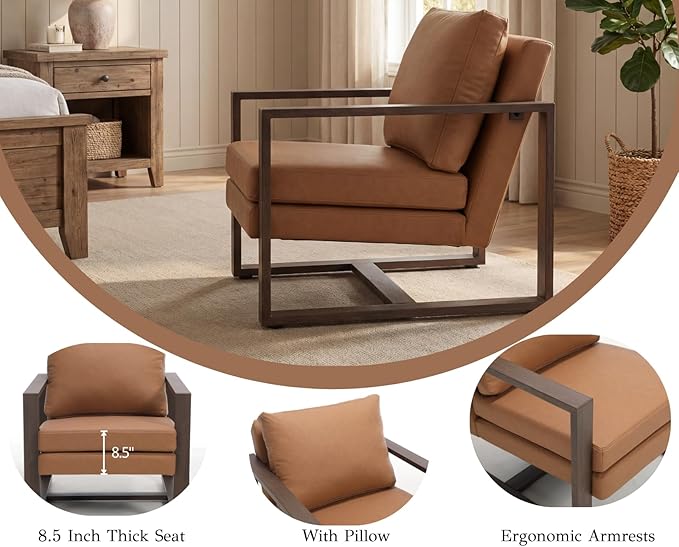 CIMOTA Modern Mid Century Accent Chairs Set of 2 Comfy Armchairs with 8.5 Thick Cushion &amp Armrests Upholstered Leather Reading Lounge Chairs with Walnut Frame for Living Room Bedroom Office Brow
