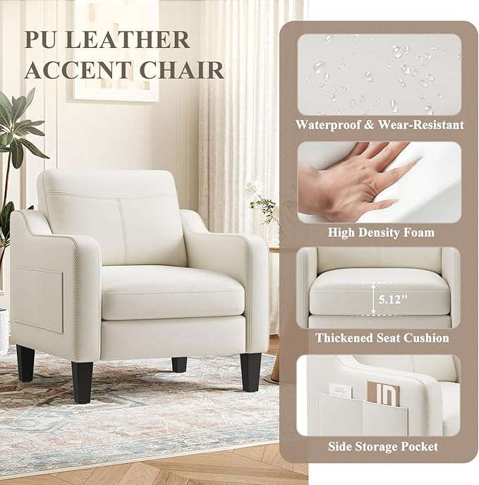 PU Leather Accent Chair Mid-Century Modern Living Room Armchair Sofa with Removable Cushions Solid Wood Frame &amp Stitched Armrest Design Bedroom Chair with Plastic Legs Beige