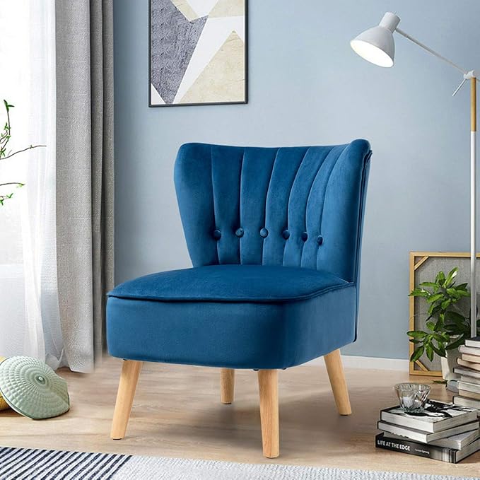 Giantex Modern Velvet Accent Chair Small Upholstered Leisure Sofa Chair w/Wood Legs Thickly Padded and Button Tufted Armless Wingback Club Chairs for Living Room Bedroom Furniture (1 Blue)