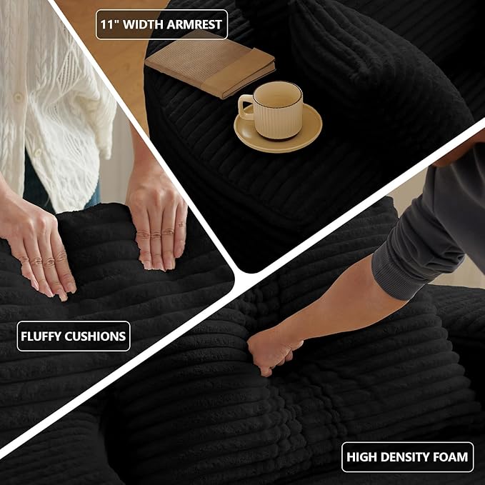 55'' Oversized Round Chair Lounge Chaise Indoor Cloud Boneless Large Circle Chair with Plush Corduroy No Assembly Required Fluffy Modern Sleeper Sofa Bed for Reading Living Room Bedroom(Black)