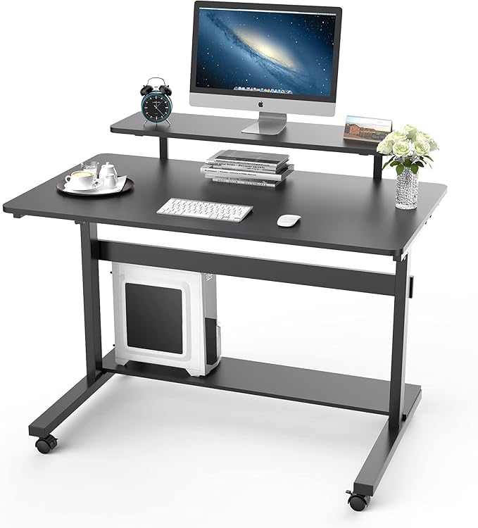 Eureka Ergonomic Height Adjustable Computer Desk Rolling Sit Stand Desk for Home Office with Hutch CPU Stand &amp Lockable Wheels 41 inch-Black