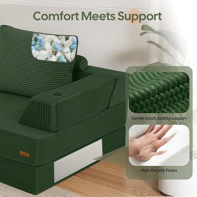COMAX Folding Sofa Bed Foldable Couch for Bedroom Corduroy Convertible Floor Sleeper Futon Chair Foam 3 in 1 Fold Out Chair Portable Comfy Lounge Couch Single Sofa Bed for Small Space Guest Room