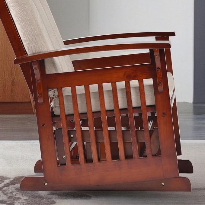 Solid Wood Glider Rocking Chair and Ottoman Set Rustic Nursery Glider Rocker with Padded Cushion Smooth Rocking Motion Indoor Living Room NursingNappingReading Cream