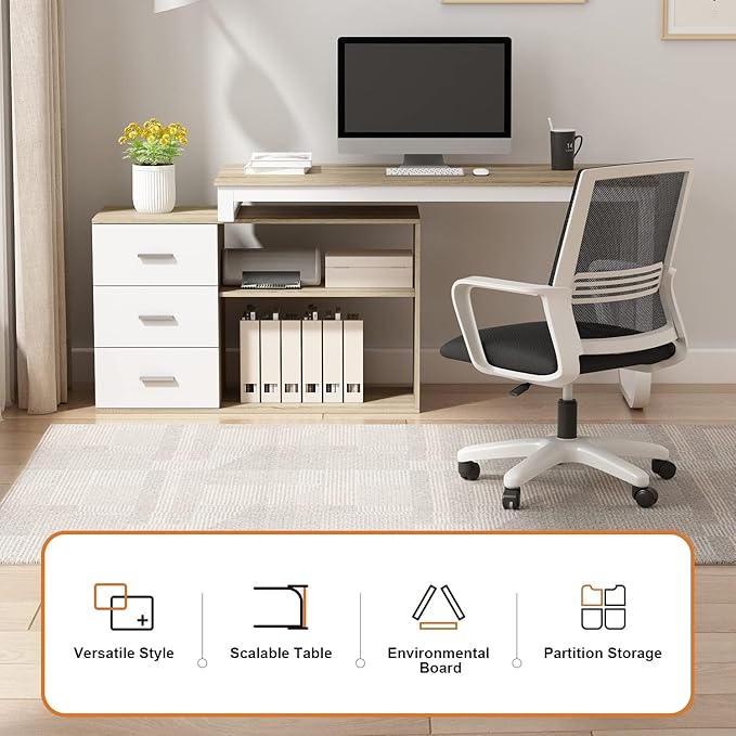 FUFU&ampGAGA 55.1 Large L-Shaped Office Desk with 41.3 File Cabinet Corner Computer Desk with 3 Drawers &amp 2 Shelves Workstation Executive Desk with Storage Shelf for Home Office - Beige