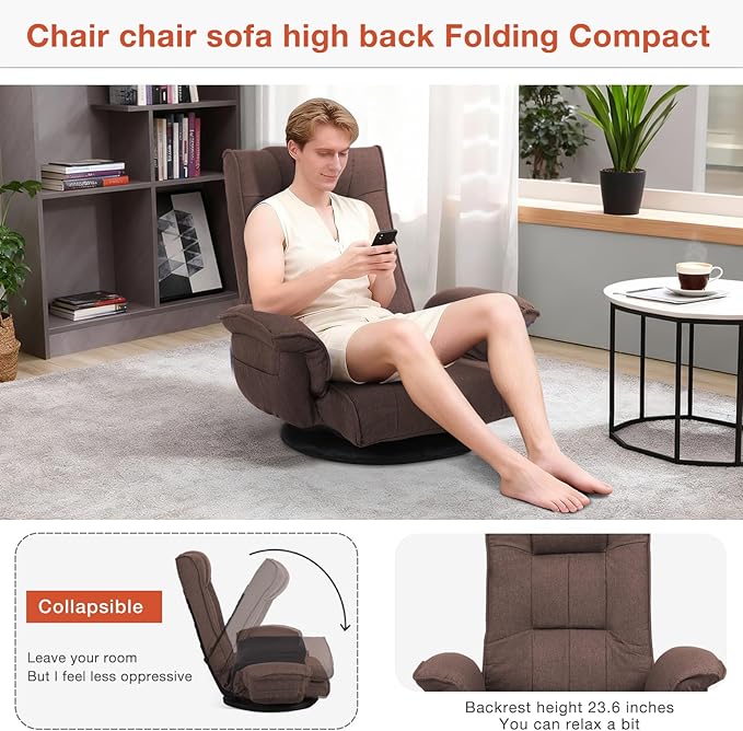 Ergonomic Swivel Floor Gaming Chair with Armrests &amp Side Pockets 6-Position Reclining Sofa Bed Foldable Padded Lounger with Thick Cushion &amp Lumbar Support for Esports Reading TV Watching (