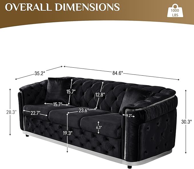 Velvet Couch Black and Silver Sofa Luxury Loveseat 84.6 Mid Century Modern Chesterfield Sofa Couch for Living Room Tufted Sofas with 2 Pillows &amp Classic Golden Decor Black