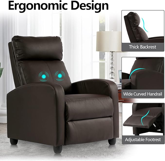 Leather Recliner Chair Living Room Chair Massage Reclining Chair Ergonomic Home Theater Seating Single Recliner Sofa Chair with Pu Leather Padded Seat Backrest for Living Room