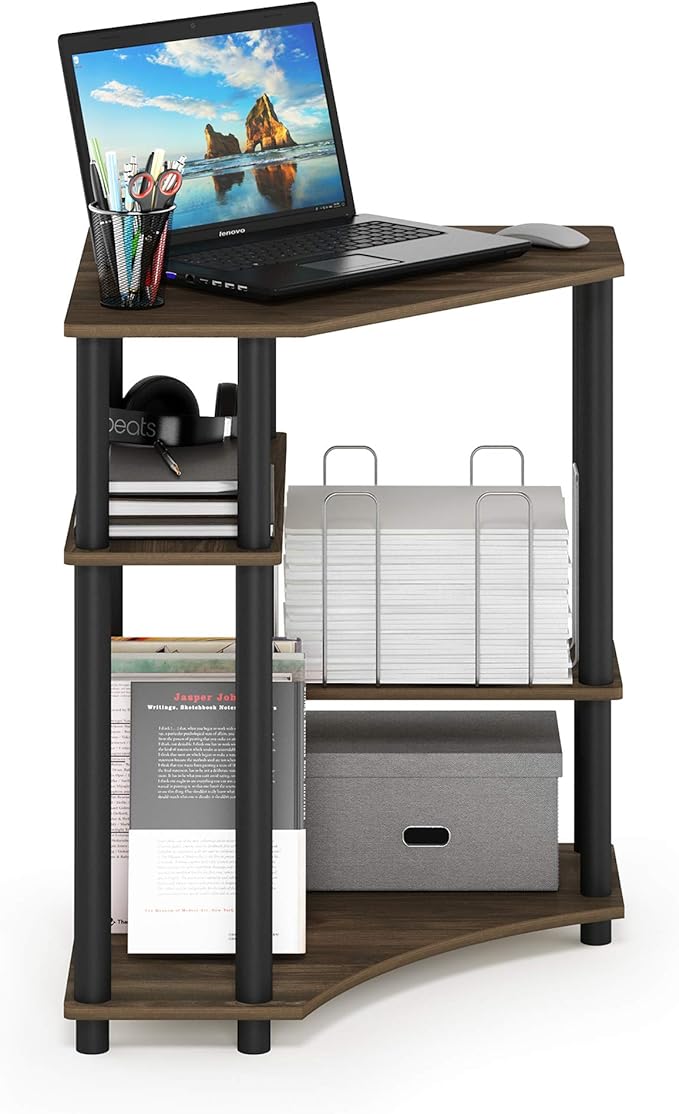 Furinno TURN-N-TUBE Desk Gaming Desk with Shelves Corner Computer Desk with Shelves Office Desk Space Saving For Home Office Bedroom Columbia Walnut