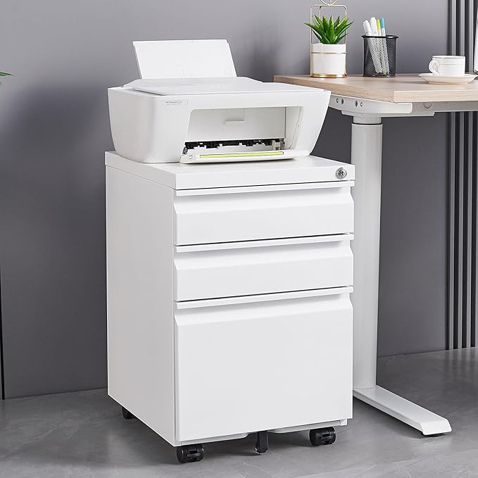 3 Drawer Mobile File Cabinet with Lock Under Desk Metal Filing Cabinets for Home Office Organizer Letters/Legal/A4 Metal Filing Cabinet to be Installation Required (White)