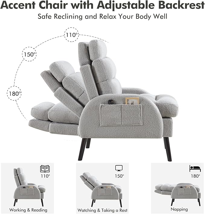 Accent Chair with Ottoman Set Comfy Teddy Reading Chair and Ottoman Modern Oversized Lounge Armchair with Adjustable Backrest for Living Room Bedroom Light Grey
