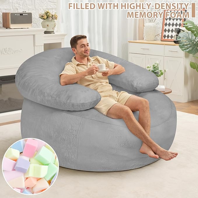 HABUTWAY Giant Bean Bag Chair Oversized Beanbag Chair with Filler Ultra Soft Faux Fur Bean Bag Lounge Floor Sofa w/U-Shaped Pillow for Gaming Reading Light Grey &amp Light Grey