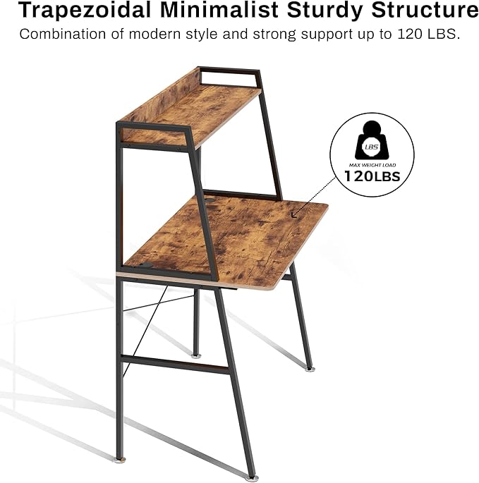 DESIGNA Small Computer Ladder Desk with Storage Shelves 43 Inch 2-Tier Home Office Students Study Writing PC Gaming Table with Bookshelf Modern Workstation for Space Saving Metal Frame Rustic Brown