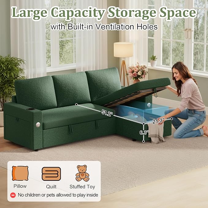 82 Inch L-Shape Sectional Couch 4-in-1 Multifunctional Pull-Out Couch Sleeper Sofa with Storage Chaise Charging Station Cup Holder for Living Room/Office/Apartment (Green)