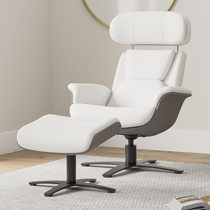 CHITA Genuine Leather Reclining Swivel Chair with Adjustable Headrest and Ottoman for Living Room White