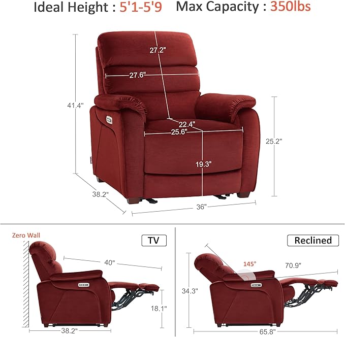 MCombo Power Zero Wall Hugger Recliner Chair for Small Space RV Living Room Power Recliner with Adjustable Headrest USB &amp USB-C Charging Ports Fabric ST257 (Burgundy)