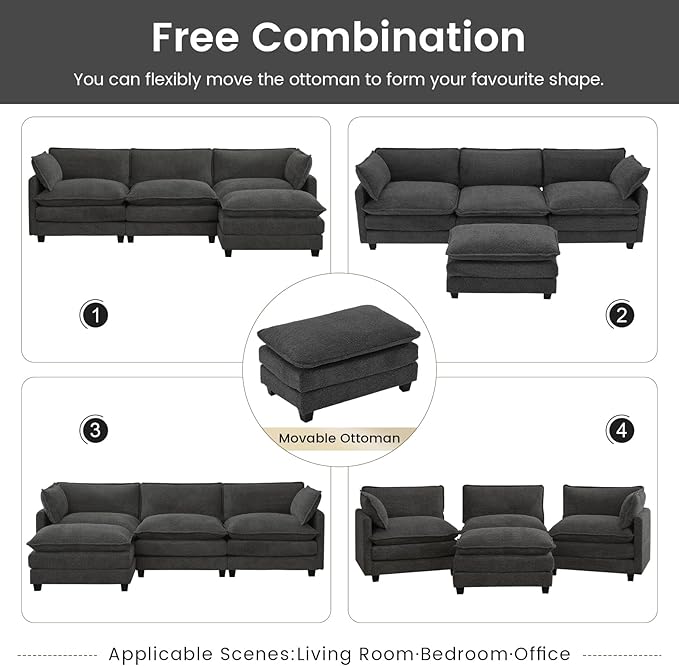 ROWHY Oversized Modular Sectional Couch with Movable Ottoman 112 Modern Convertible L Shaped Sofa Set 4 Seat Comfy Cloud Couch with 2 Throw Pillows for Living Room Chenille Charcoal Grey