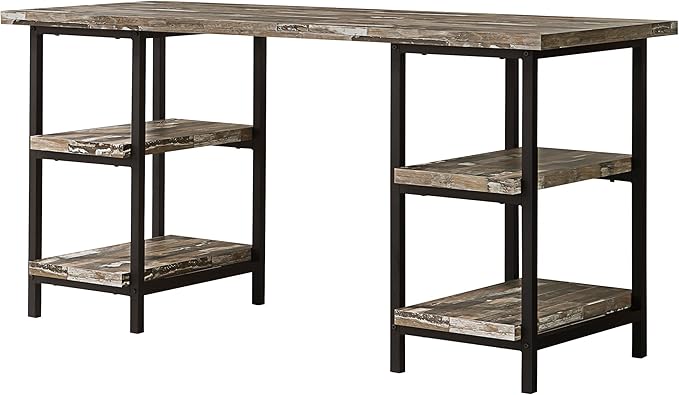 Coaster Home Furnishings – Kemper – Metal &amp Engineered Wood – 59-Inch Farmhouse Writing Desk with 4 Open Shelves and Black Metal Frame – Home Office &amp Living Room – Weathered Brown - 801551