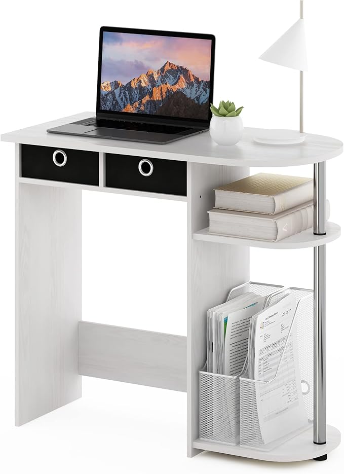 Furinno GO GREEN Desk 31.5 Wide Gaming Desk with 2 Side Shelves and Storage Bins Computer Desk Office Desk for Home Office Study Room Dorm Bedroom White Oak