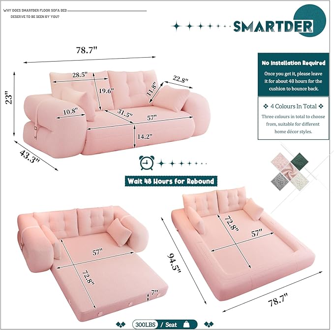 Convertible Sofa Bed with Folding Mattress Oversized Human Dog Bed 3-in-1 Sleeper Couch with Pillows and Thick Armrests 78.7 King Size Floor Sofa for Living Room Bedroom Guest Room Pink Teddy