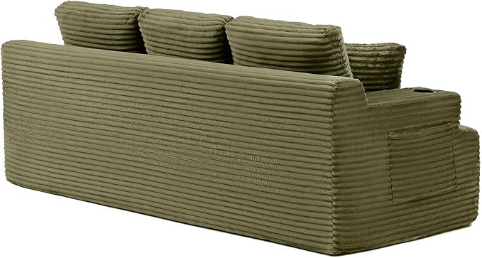 3-Seater Sofa Cloud Boneless Couch Corduroy Upholstered Deep Seat Beanbag Sofa Chair with Cup Holder &ampSide Pocket Modern Comfy Compression Memory Foam Couch for Living Room Bedroom(86.2 W Gre