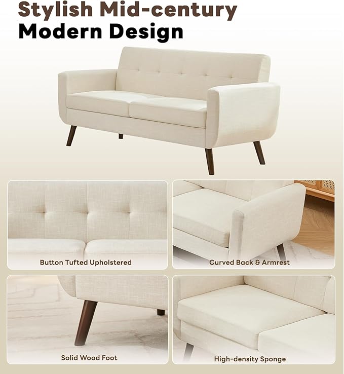 Tbfit Loveseat Sofa 65 W Mid Century Modern Love Seat Couches for Living Room Button Tufted Upholstered Small Sofa Couch for Bedroom Beige