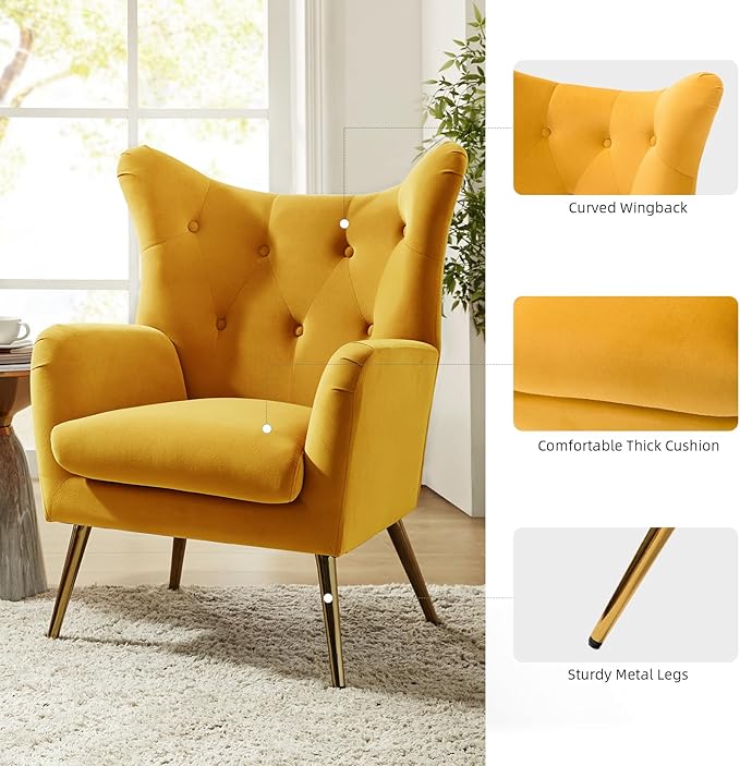HULALA HOME Velvet Accent Chair Modern Wingback Arm Chair with Metal Gold Legs Velvet Tufted Upholstered Single Sofa Chair for Living Room Bedroom (Mustard)