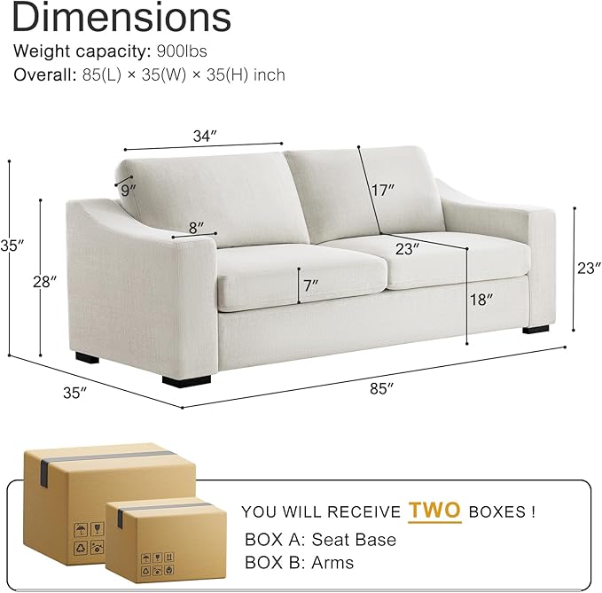 ELUCHANG 85 Modern Sofa Couches for Living Room 3 Seater Natural Linen Sofa with Extra Deep Seats Upholstered Cushion&ampDetachable Cover Comfy Couch for Small Space Apartment White 2PC | Brea