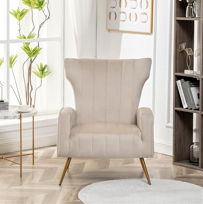 Modern Velvet Accent Chair Channel Tufted Bedroom Office or Living Room Furniture with Elegant Metal Legs 26 Wide Armchair Beige