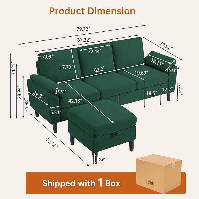 79 Convertible Sectional Sofa Modern L Shaped 3 Seat Couch with Reversible Ottoman for Living Room (Green)