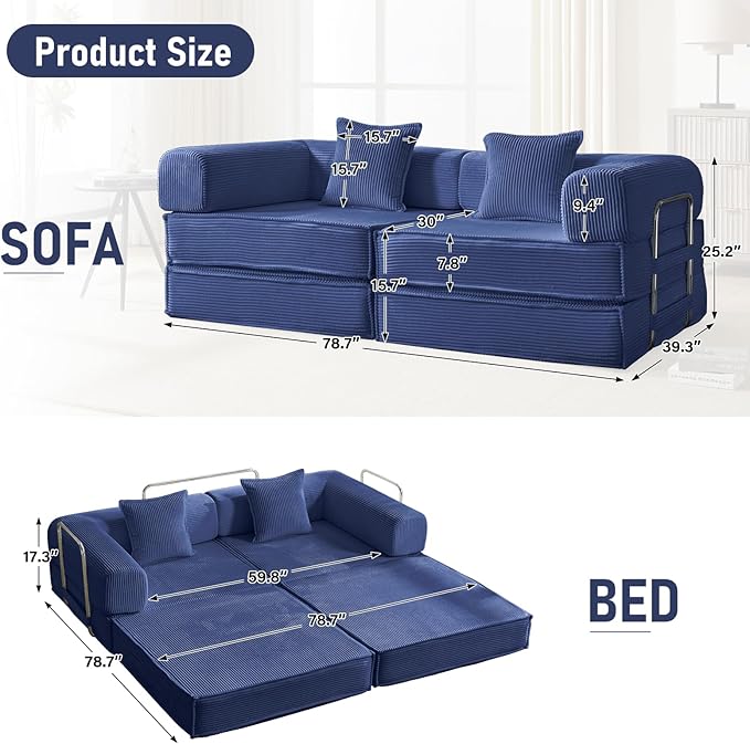 78 Convertible Sleeper Sofa Bed Modular Corduroy Couch with 2 Pillows Compressed Floor Sofa for Living Room Bedroom (Blue)