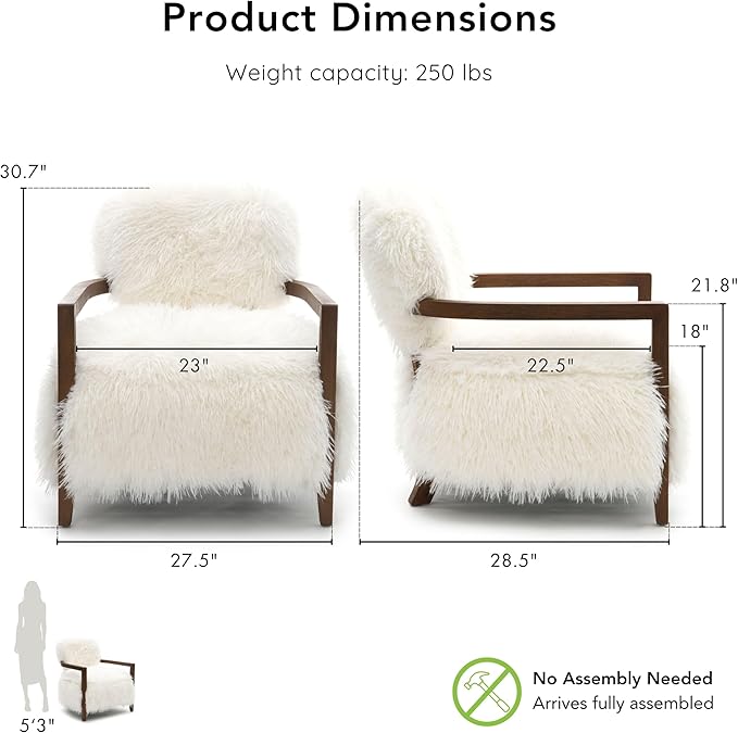 Furniture of America Ramos Modern Accent Chair with Ultra Soft Faux Fur Long-Haired Accent Sofa Tight Seat and Back Single Couch Fluffy Living Room Seating No Assembly Needed White