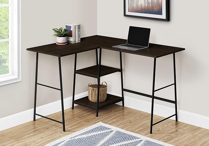 Monarch Specialties 7590 Computer Desk Home Office Corner Storage Shelves 48 Shape Work Laptop Metal Laminate Brown Contemporary Modern Desk-48 Top 42L x 47.25W x 30H ESPRESSO/BLACK