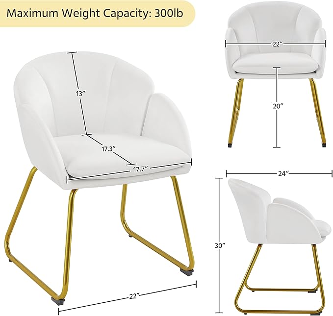 Yaheetech Velvet Living Room Chair Flower Shaped Armchair with Golden Legs Upholstered Side Chair for Vanity Room Living Room Kitchen Set of 2 White