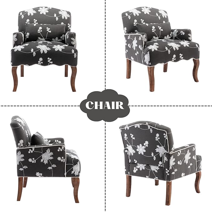 Mid Century Accent Chair Floral Reading Chair with Removable Pillow Wingback Arm Chair Upholstered Comfy Single Sofa for Living Room/Bedroom/Fireplace Grey 1PC