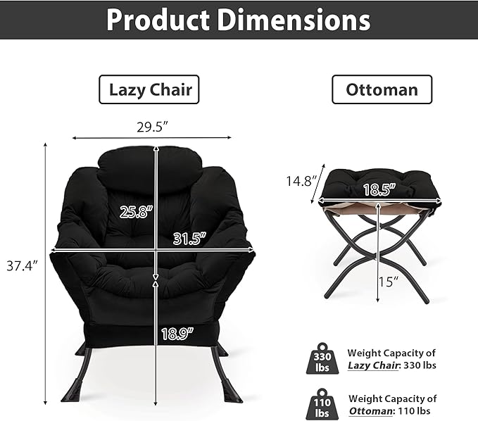 Lazy Chair with Folding Ottoman Accent Chair Velvet Upholstered with Metal Structure and Non-Slip Pads Sofa Armchair with Footrest and Side Storage Bag for Dorm Room Office Black