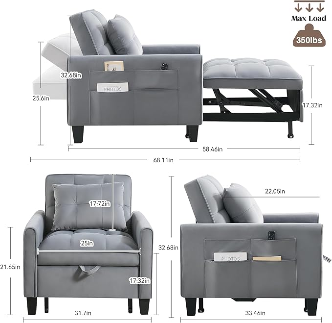 Convertible Sleeper Chair 3 in 1 Sleeper Chair Bed Velvet Pull Out Sofa Bed Chairs Single Sofa Beds with Adjustable Backrest for Adults Reading Living Room Bedroom Dark Grey