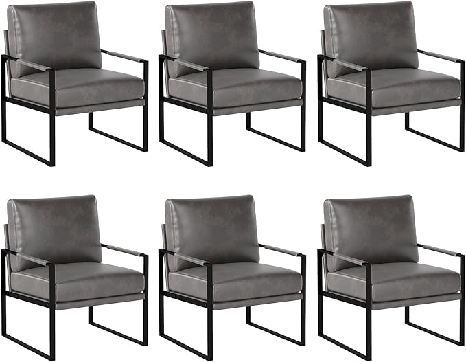 INZOY Mid Century Modern Accent Chair with Removable Cushions Set of 6 Comfy PU Leather Living Room Chairs with Thicker Backrest and Cushion Metal Frame Design Dark Grey
