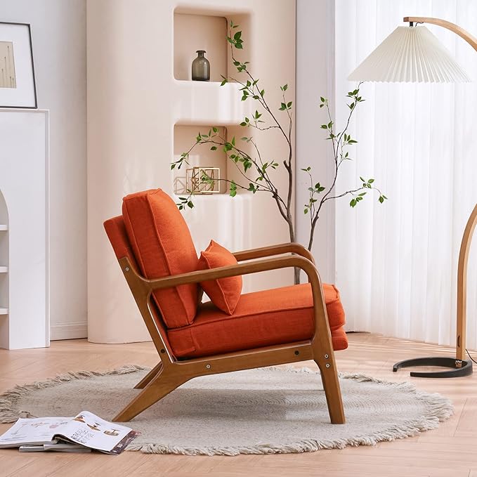 Mid-Century Modern Accent Chair with Throw Pillow Upholstered Fabric Armchair Oak Wood Frame Reading Chair for Living RoomBedroomReadingBalcony (Orange)
