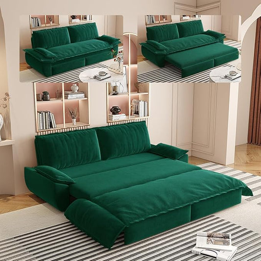73.2 Queen Size Pull Out Sofa Bed 3-in-1 Velvet Convertible Sleeper Loveseat for Living Room Apartment Bedroom &amp Small Spaces (Green)