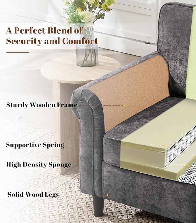 Kingfun Loveseat 2&amp3 Seater Couch with Chair Mid Century Modern Chenille Sofa Set with Rolled Arms and Deep Seats Fluffy Comfort for Living Room Apartment Easy Assembly Grey