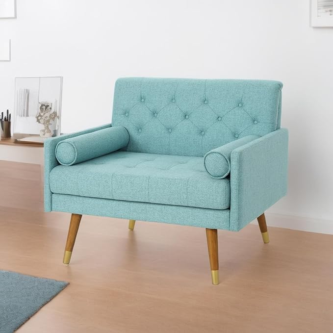 38 Comfy Chair and A Half with Button Tufted Backrest Round Armrest Pillows Mid Century Modern Oversized Accent Chair with Wood Legs for Living Room Bedroom or Small Spaces (Blue)