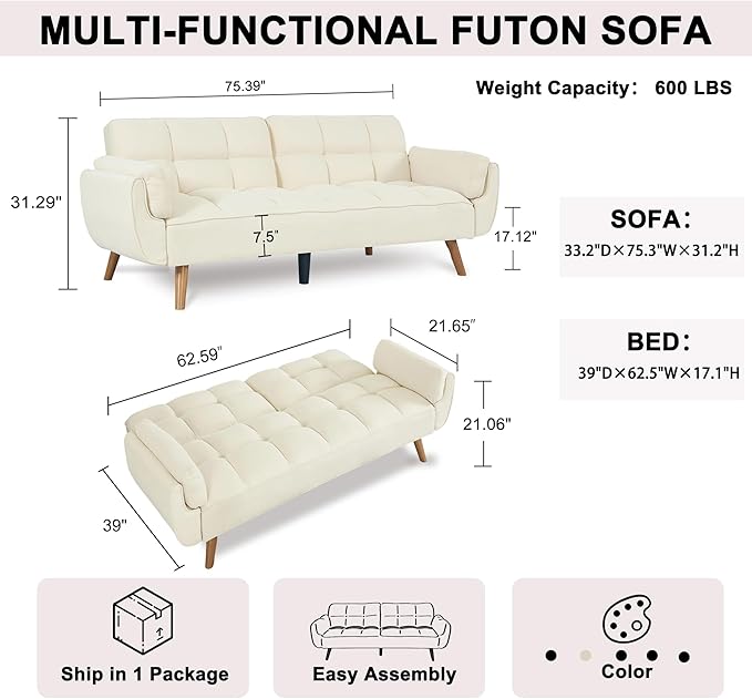 Convertible Futon Sofa Bed Sleeper Couch Bed with Adjustable Backrests Linen 3 Seater Small Couches for Small Spaces Living Room Bedroom(Beige 75)