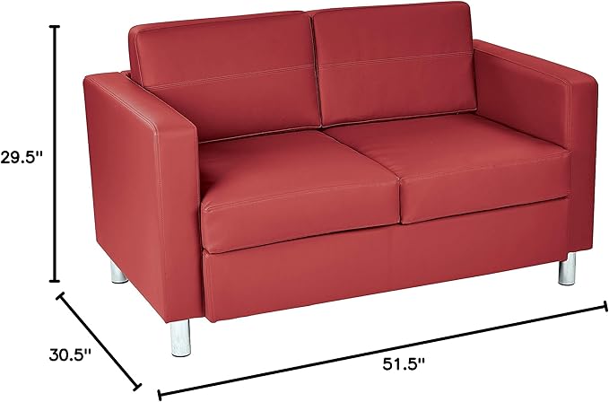 Office Star Pacific Loveseat with Padded Box Spring Seats and Silver Finish Legs Dillon Lipstick Faux Leather