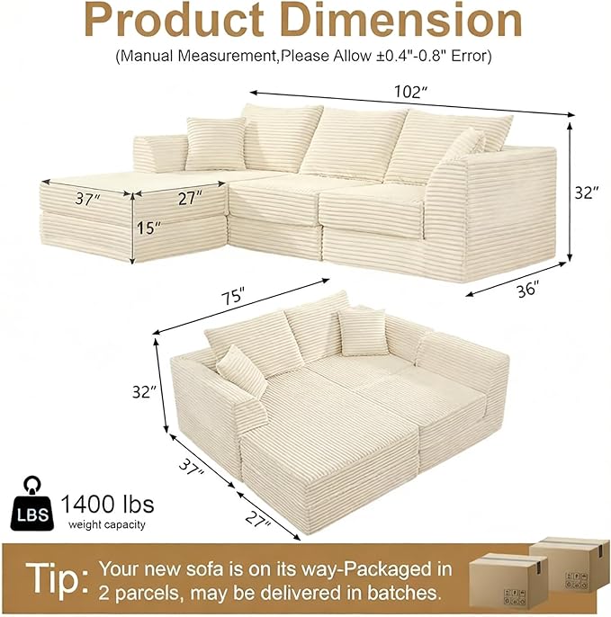 102 L-Shaped Modular Corduroy Cloud Sofa 3-Seater with Reversible Chaise Beige Memory Foam Cushion No Assembly Required