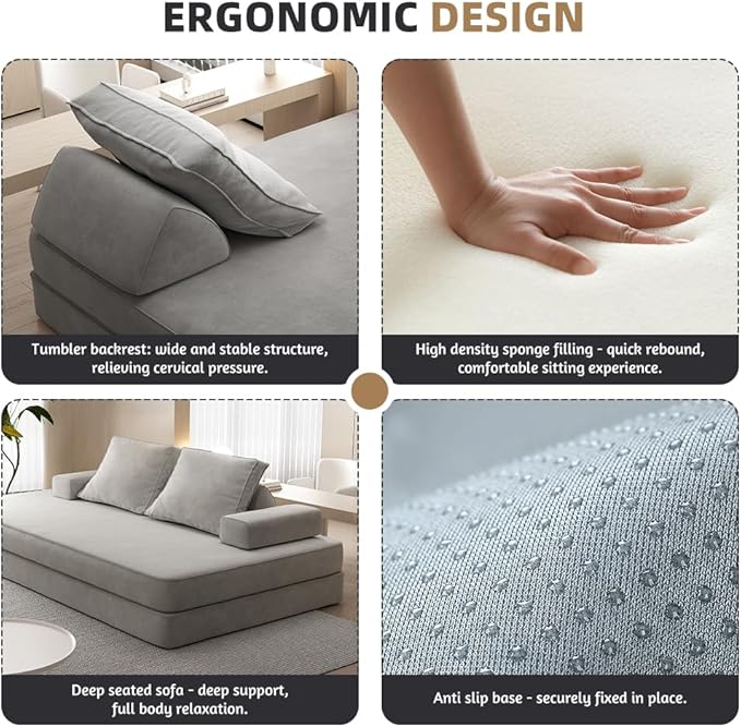 Folding Convertible Sofa Bed 86.6 Inch Chenille Boneless Couch Loveseat Sleeper with Pull Out Bed DIY Floor Sofa Futon Couchs for BedroomLight Gray