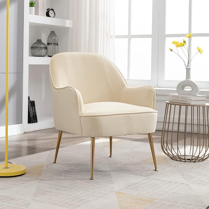 Modern Ergonomics Soft Velvet Fabric Material Accent Chair with Gold Legs and Adjustable Feet Screws for Indoor Home Living RoomCream White