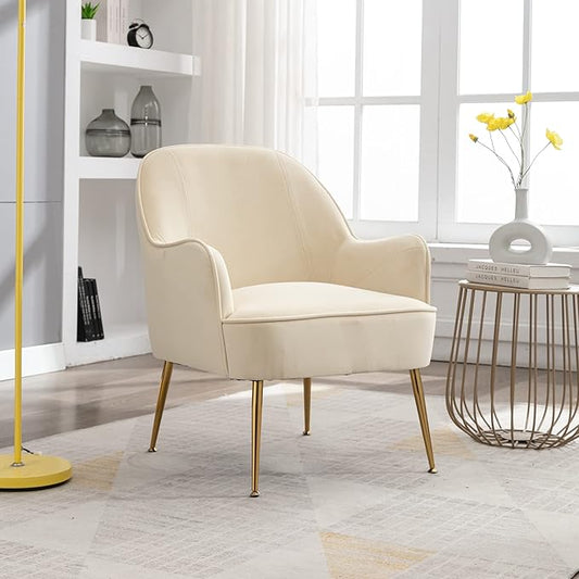 Modern Ergonomics Soft Velvet Fabric Material Accent Chair with Gold Legs and Adjustable Feet Screws for Indoor Home Living RoomCream White