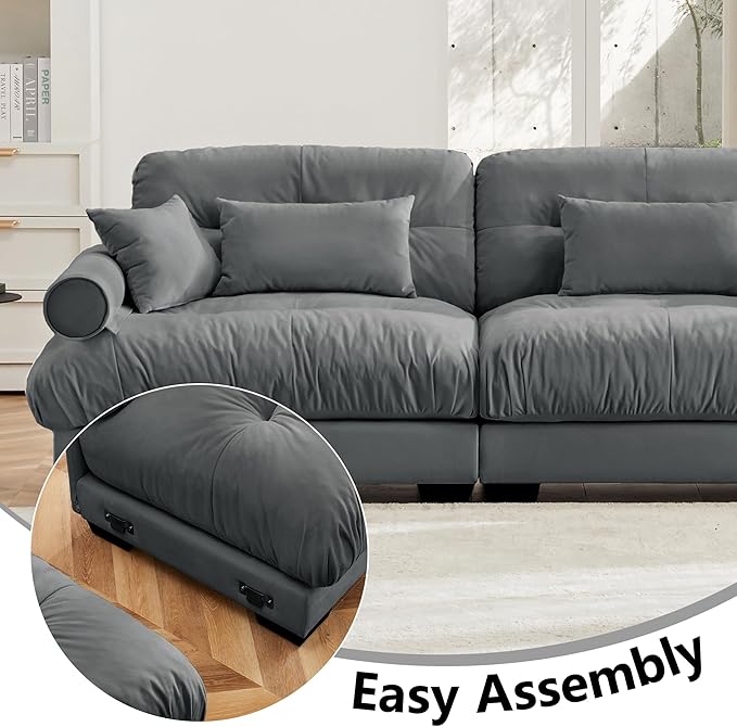 KEIKI 130 L-Shaped Oversized Velvet Modular Sectional Sofa with 1 Ottoman High-Density Foam Cushions and Bolstered Armrests Upholstered 3-Seater Cloud Couch with 5 Pillow for Living Room Grey