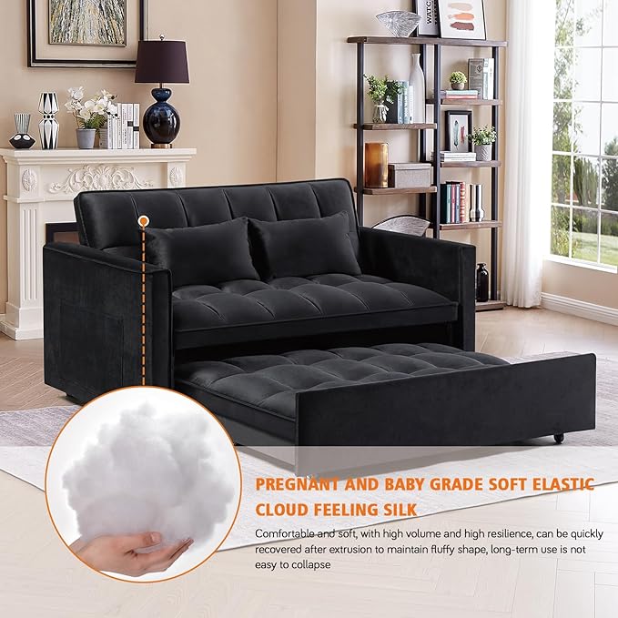 3 in 1 Convertible Sleeper Sofa Futon BedModern Velvet Pull Out Couch Bed with Reclining Backrest&amp2 Pillows54 Full Size Small Love Seat Lounge Couches for Small SpacesLiving Room (Black)